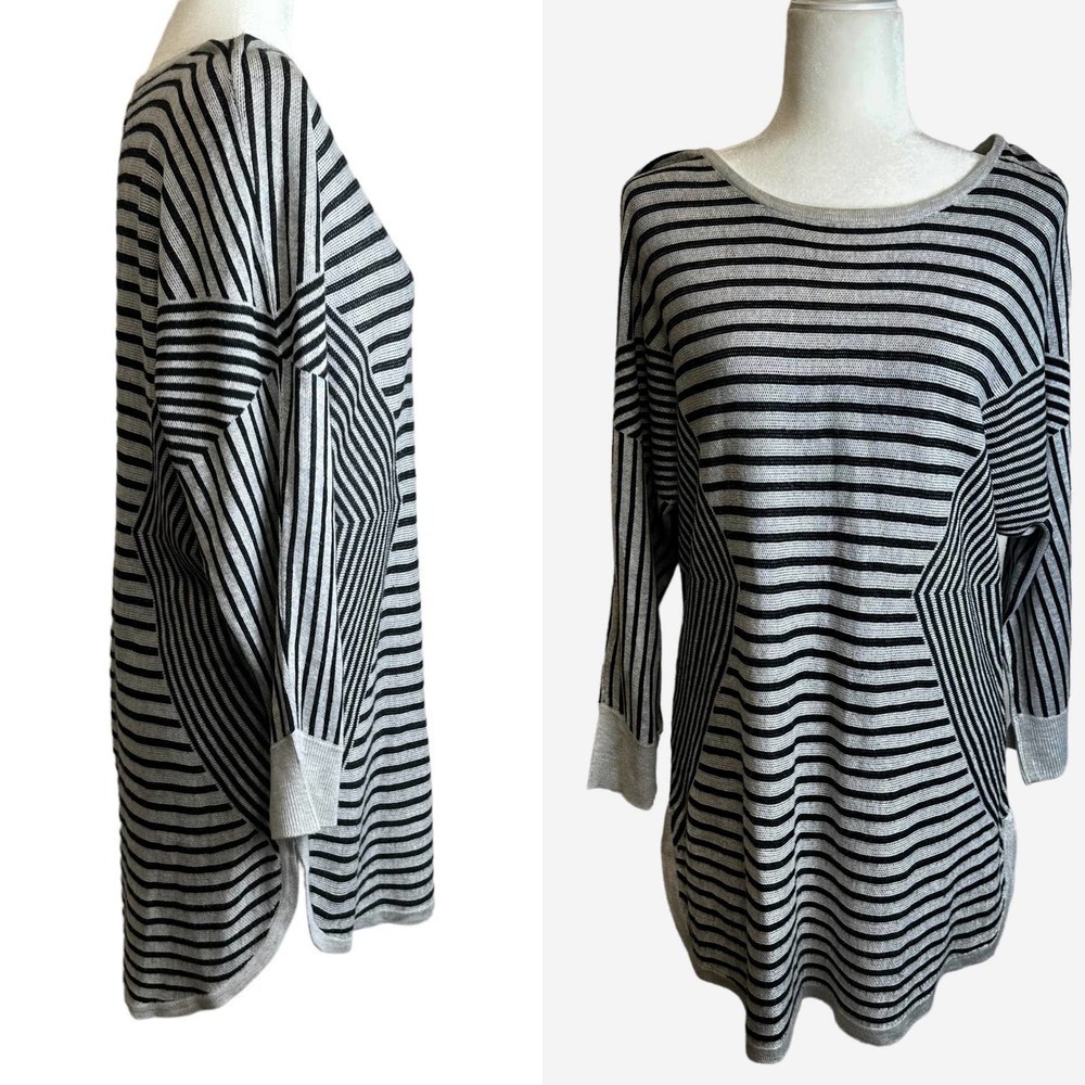 Dana Buchman Pullover Sweater Women’s sz. MEDIUM Gray Stripes Tunic Hi-low Top